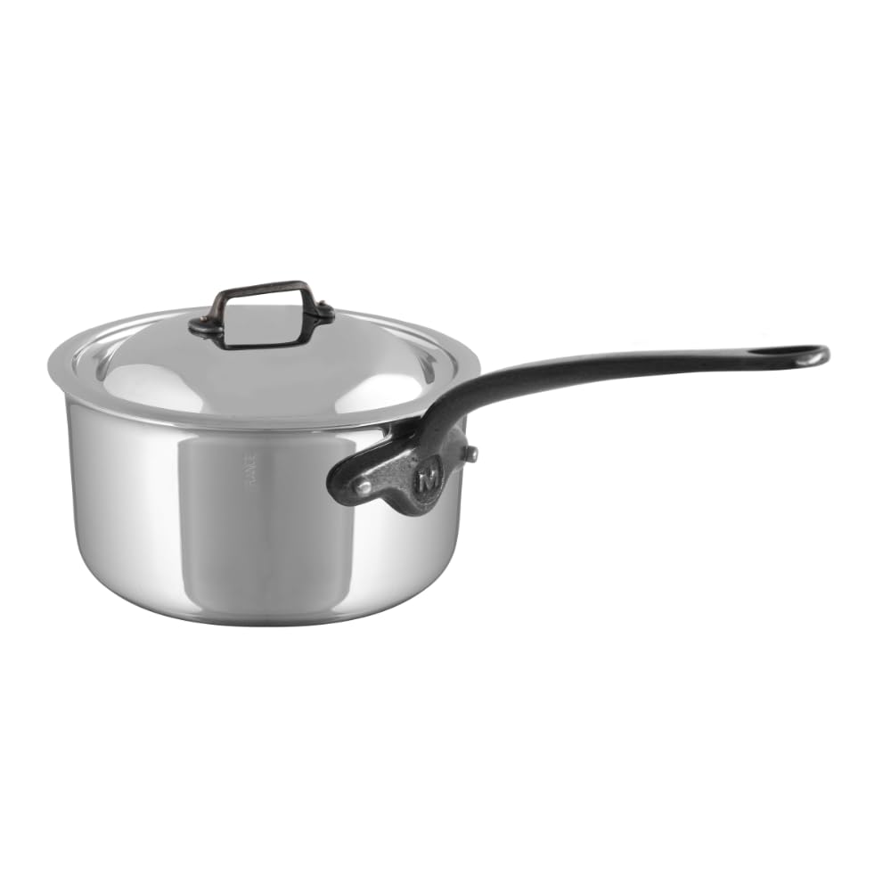 Mauviel M'Cook CI 5-Ply Polished Stainless Steel Sauce Pan With Lid, And Cast Iron Handles, 2.6-qt, Made In France