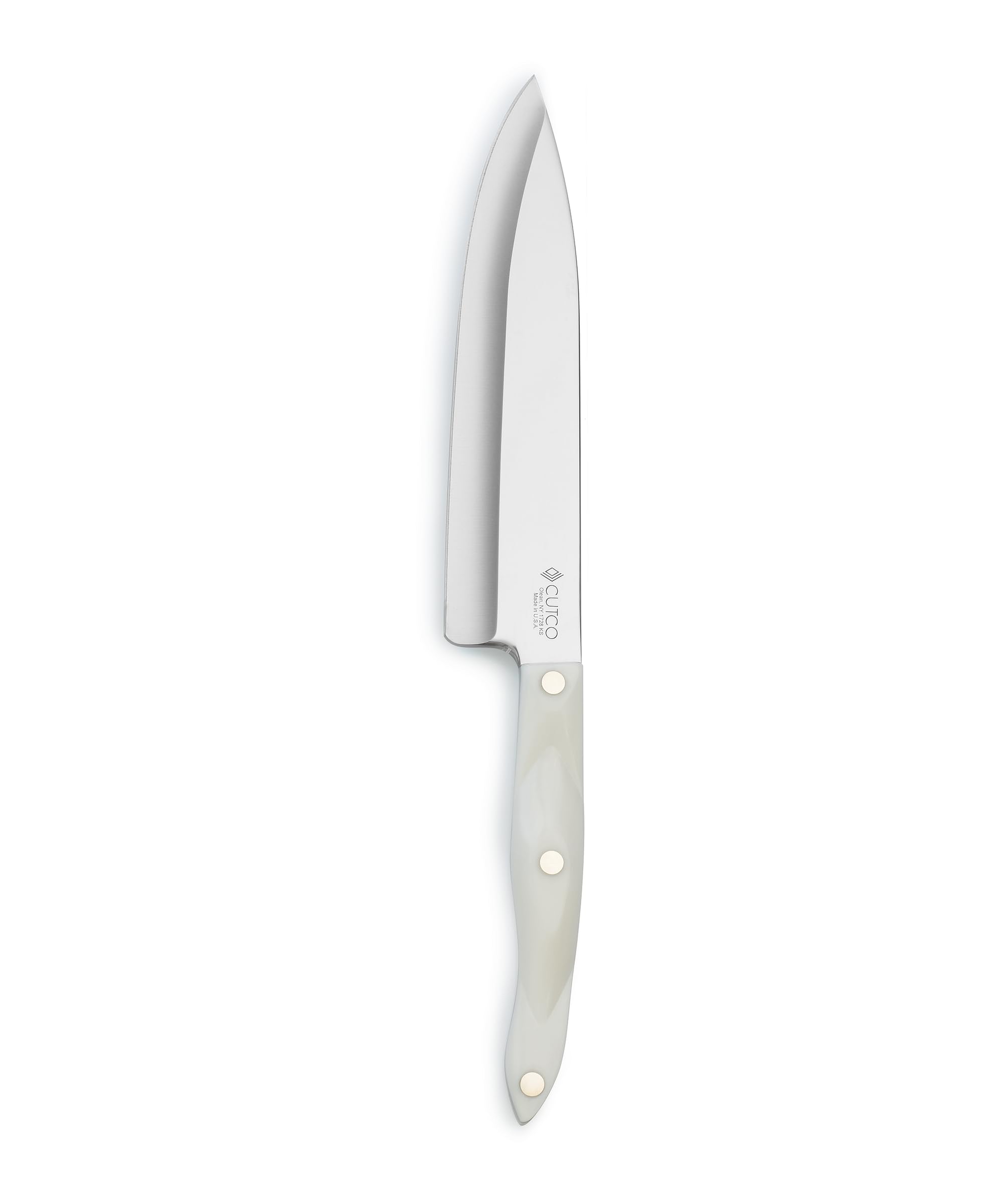 Model 1728 CUTCO White (Pearl) Petite Chef Knife in factory-sealed plastic bag. 7.75” High Carbon Stainless blade and 5.5” handle.