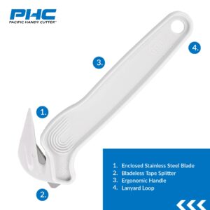 Pacific Handy Cutter Disposable Film Cutter | NSF Certified Food Safe Safety Box Cutter & Bladeless Tape Splitter | Perfect for Cryovac, Plastic Bags, & Shrink Wrap | White