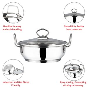 Vinod Cookware Induction Friendly Kadai With Lid Silver 3.4 Litres, Stainless Steel, IKD 24