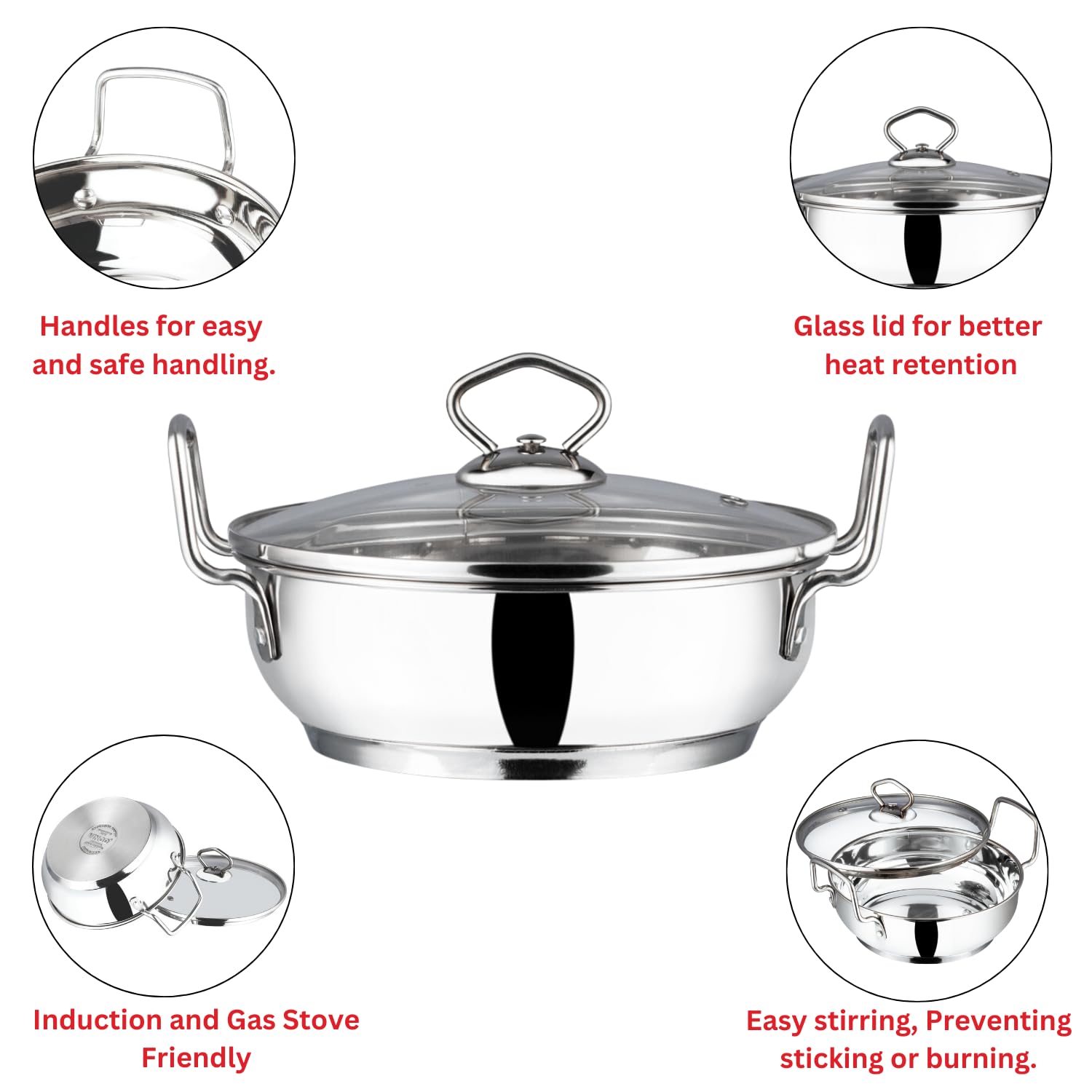 Vinod Cookware Induction Friendly Kadai With Lid Silver 3.4 Litres, Stainless Steel, IKD 24