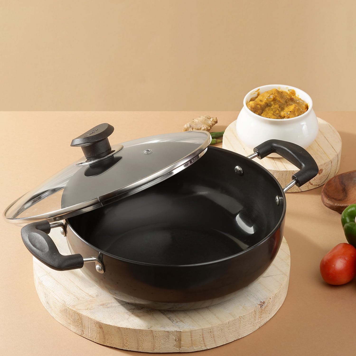 Vinod Black Pearl Hard Anodized Deep Kadai with Lid 5.5 Liters