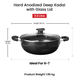 Vinod Black Pearl Hard Anodized Deep Kadai with Lid 5.5 Liters