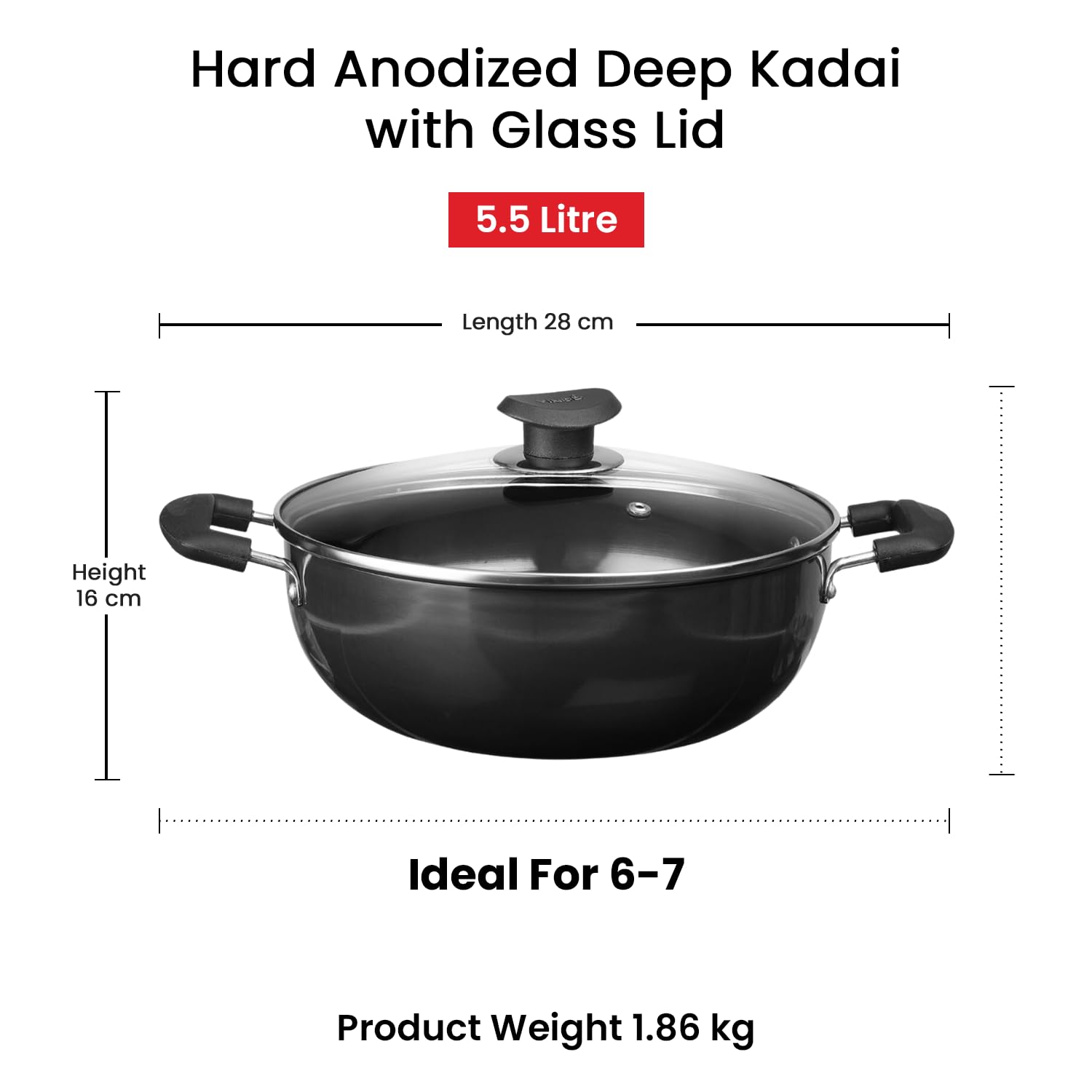 Vinod Black Pearl Hard Anodized Deep Kadai with Lid 5.5 Liters