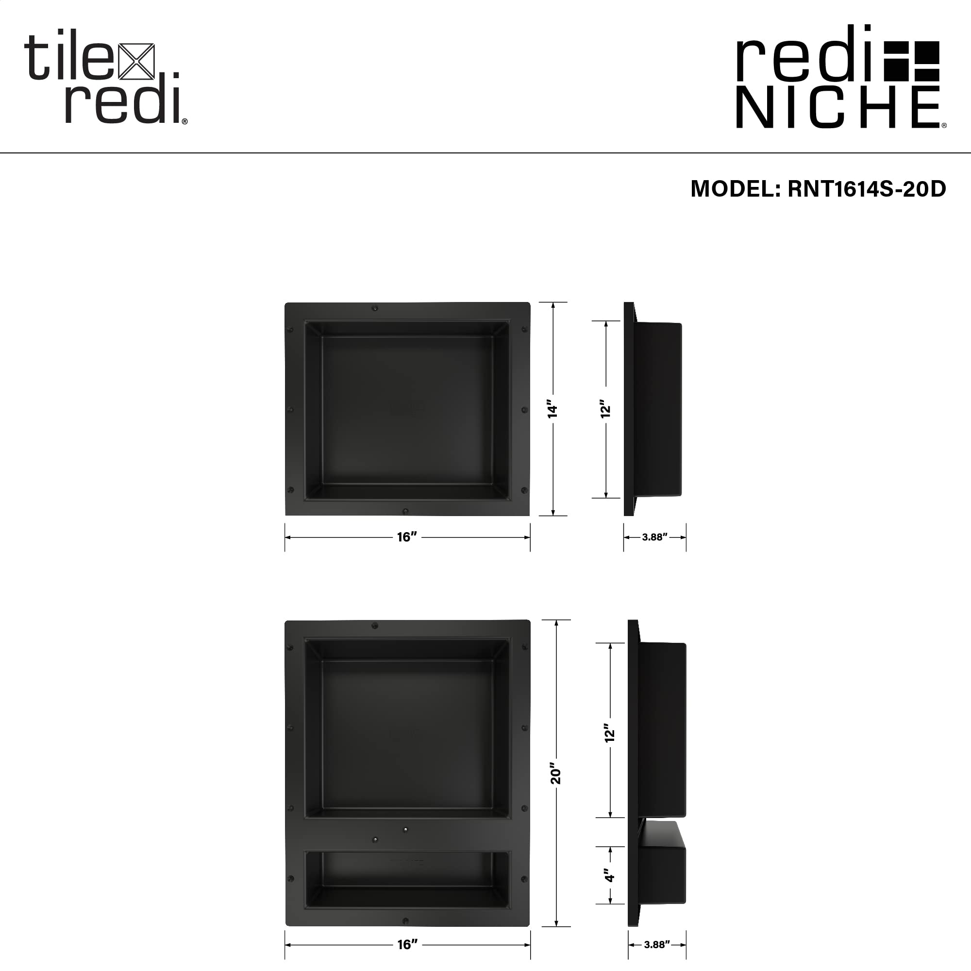 Redi Niche Triple Niche Recessed Shower Shelf- Black, Three Inner Shelves, 16-Inch Width x 34-Inch Height x 4-Inch Depth