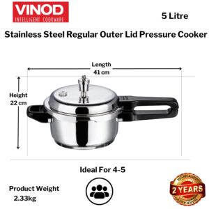 Vinod V-5L Stainless Steel Sandwich Bottom Pressure Cooker, 5-Liter,Silver,Medium