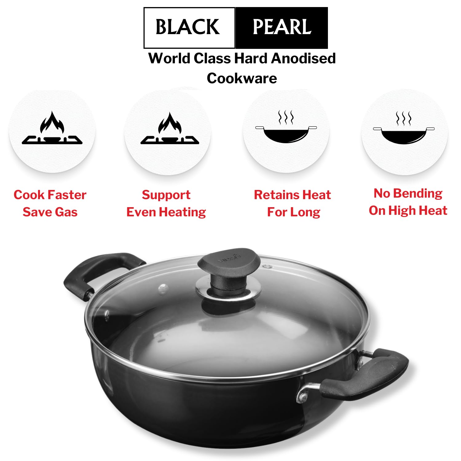 Vinod Black Pearl Hard Anodized Deep Kadai with Lid 5.5 Liters