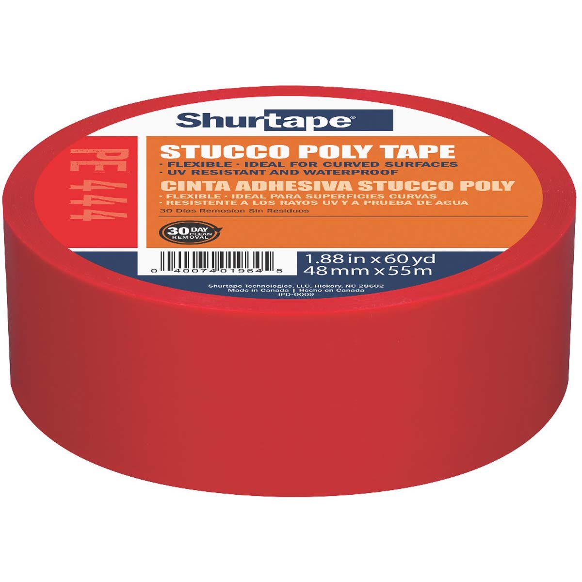 Shurtape PE 444 UV-Resistant Stucco Masking Tape, 48mm x 55m, Red, 1 Roll (107239)