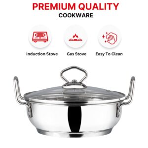 Vinod Cookware Induction Friendly Kadai With Lid Silver 3.4 Litres, Stainless Steel, IKD 24