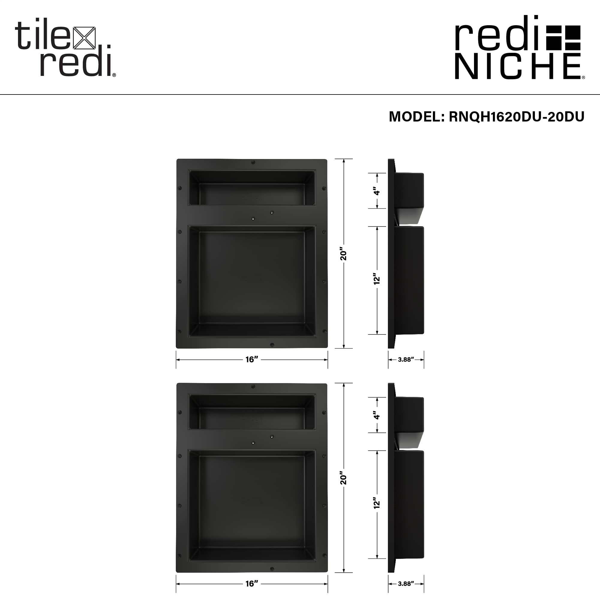 Redi Niche Quad Niche Recessed Shower Shelf- Black, Four Inner Shelves, 32-Inch Width x 20-Inch Height x 4-Inch Depth