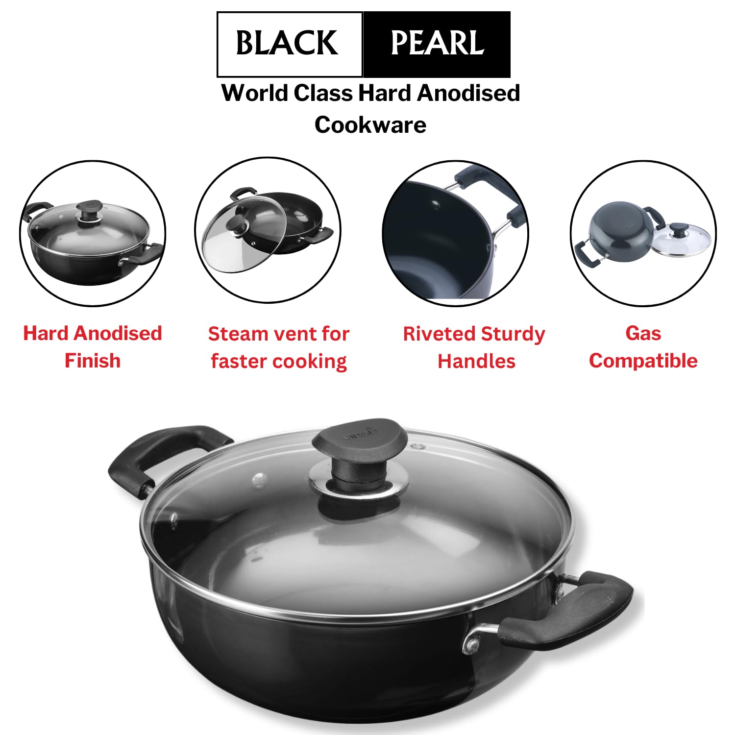 Vinod Black Pearl Hard Anodized Deep Kadai with Lid 5.5 Liters