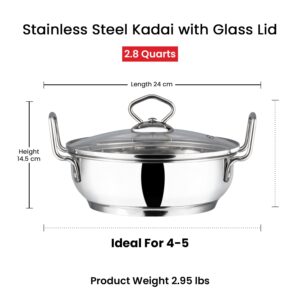 Vinod Cookware Induction Friendly Kadai With Lid Silver 3.4 Litres, Stainless Steel, IKD 24