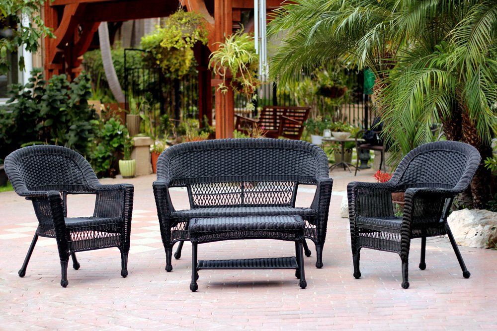 Jeco 4 Piece Wicker Conversation Set, Black