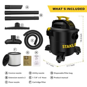 Stanley Wet/Dry Vacuum SL18191P, 10 Gallon 4 Horsepower 16 FT Clean Range Shop Vacuum, Ideal for Home/Garage/Laundry Rooms with Vacuum Attachments, Strong Suction Large Capacity Multiple Accessories