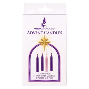 Mega Candles 4 pcs Unscented Christmas Advent Candles Set, Hand Poured Premium Wax Taper Candle 5 Inch x 3/4 Inch, Holidays, Celebrations, Devotional, Church, Wreath, Party, Gifts