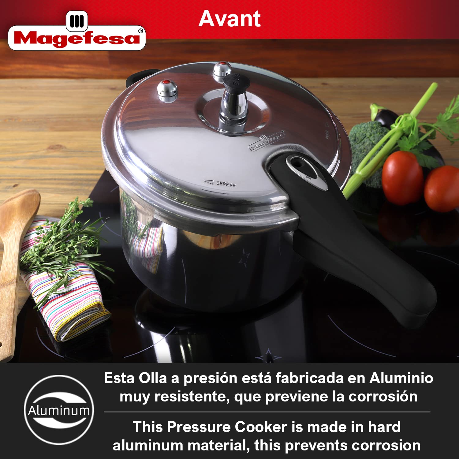 Magefesa® Avant Pressure Cooker, 6.2 Quart, made of very resistant aluminum, compatible with gas, electric, ceramic stoves, pressure canner, canning cooker pot, stove top instant fast cooking