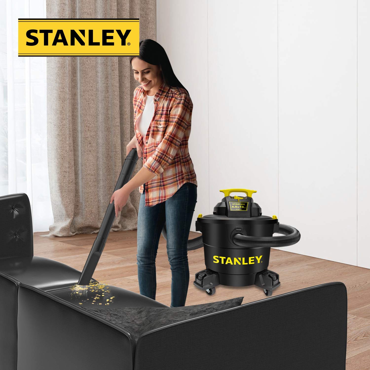 Stanley Wet/Dry Vacuum SL18191P, 10 Gallon 4 Horsepower 16 FT Clean Range Shop Vacuum, Ideal for Home/Garage/Laundry Rooms with Vacuum Attachments, Strong Suction Large Capacity Multiple Accessories