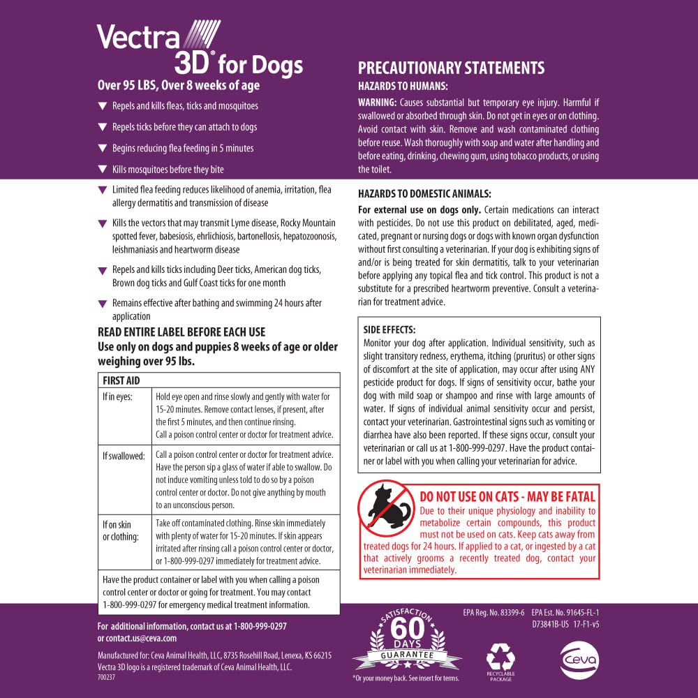 Vectra 3D for Dogs Flea, Tick & Mosquito Treatment & Prevention for Extra Large Dogs (over 95 lbs) , 3 month supply