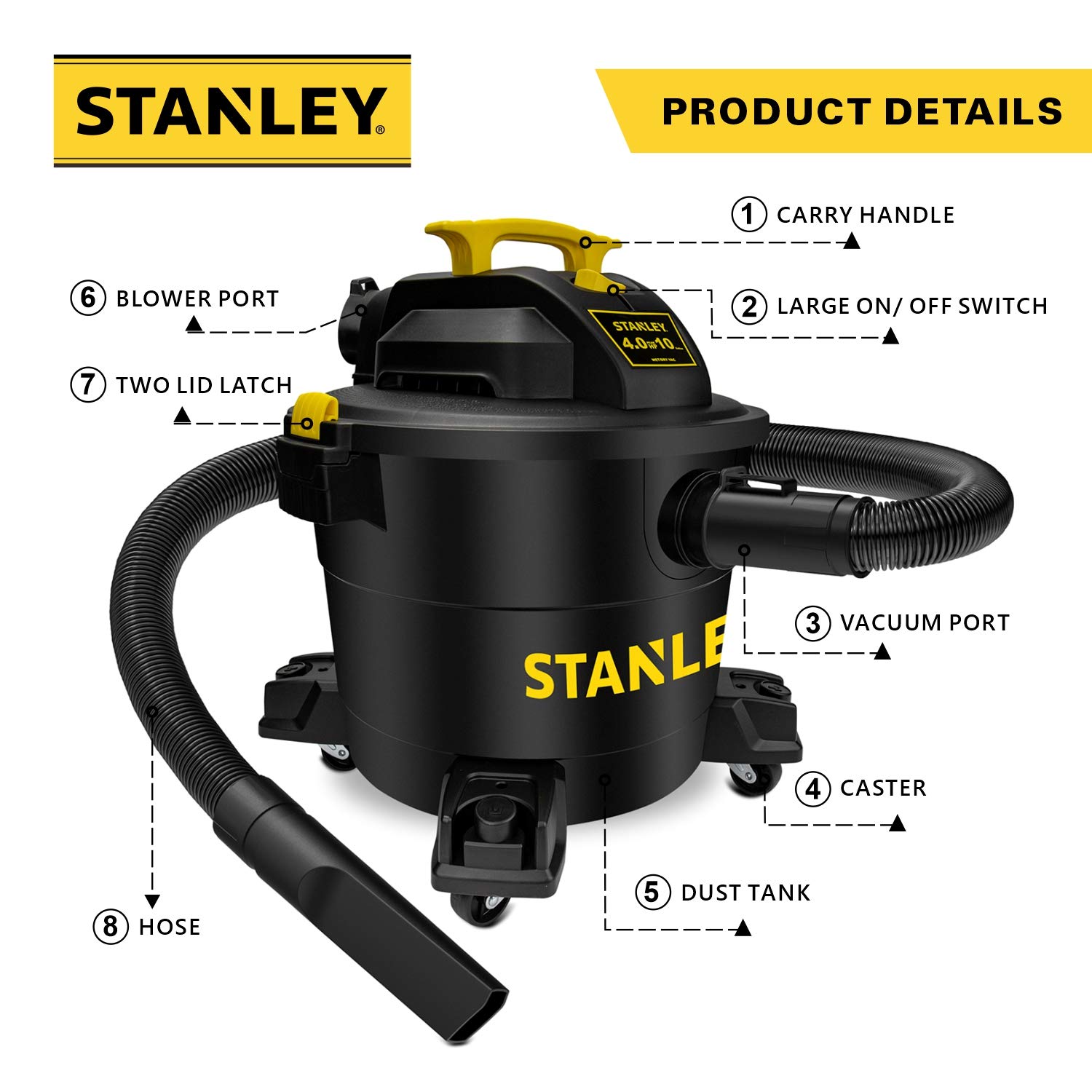 Stanley Wet/Dry Vacuum SL18191P, 10 Gallon 4 Horsepower 16 FT Clean Range Shop Vacuum, Ideal for Home/Garage/Laundry Rooms with Vacuum Attachments, Strong Suction Large Capacity Multiple Accessories