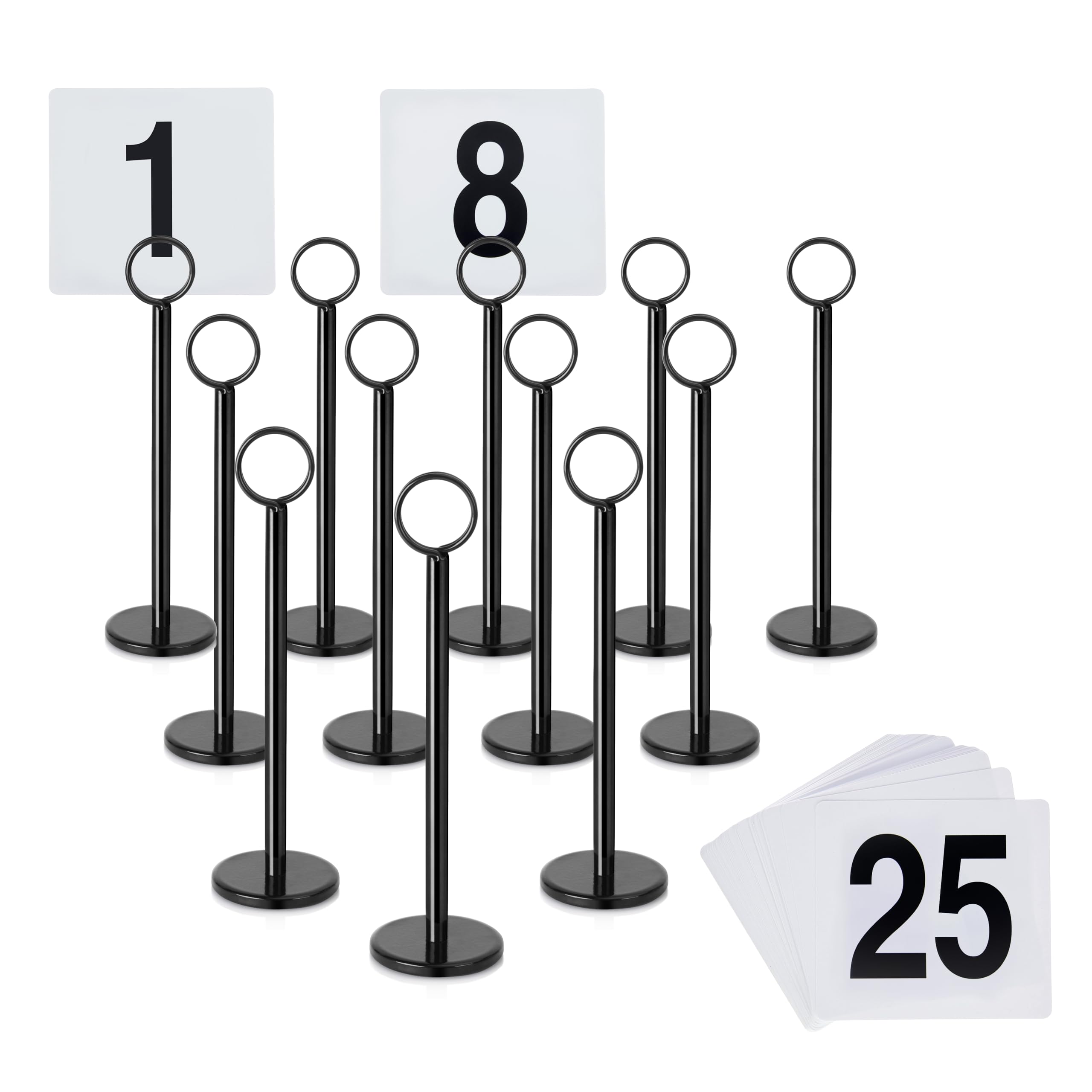 New Star Foodservice 27686 Ring Clip Table Number Card Holders, w/Number Cards, 1 to 25, Set of 12, 8-Inch, Black Stand