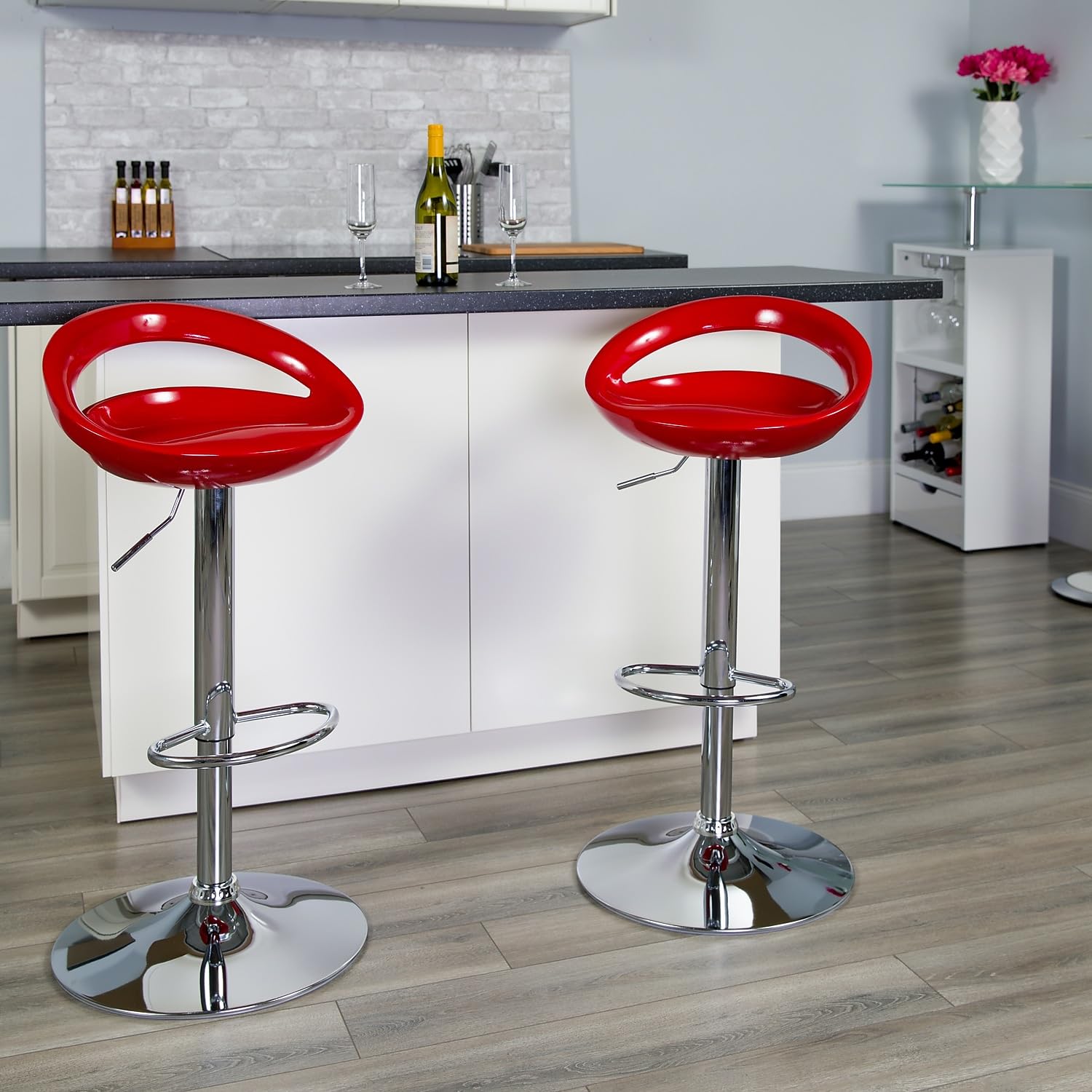 Flash Furniture Wilson 2 Pack Contemporary Red Plastic Adjustable Height Barstool with Rounded Cutout Back and Chrome Base