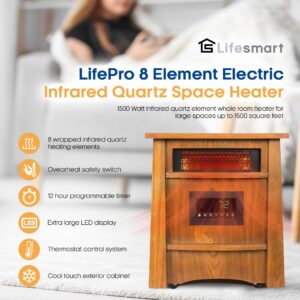 LifeSmart LifePro Ultimate 1500 Watts Electric Infrared Quartz Space Heater with Remote and 8 Heating Elements for Indoor Use, Brown Oak Wood