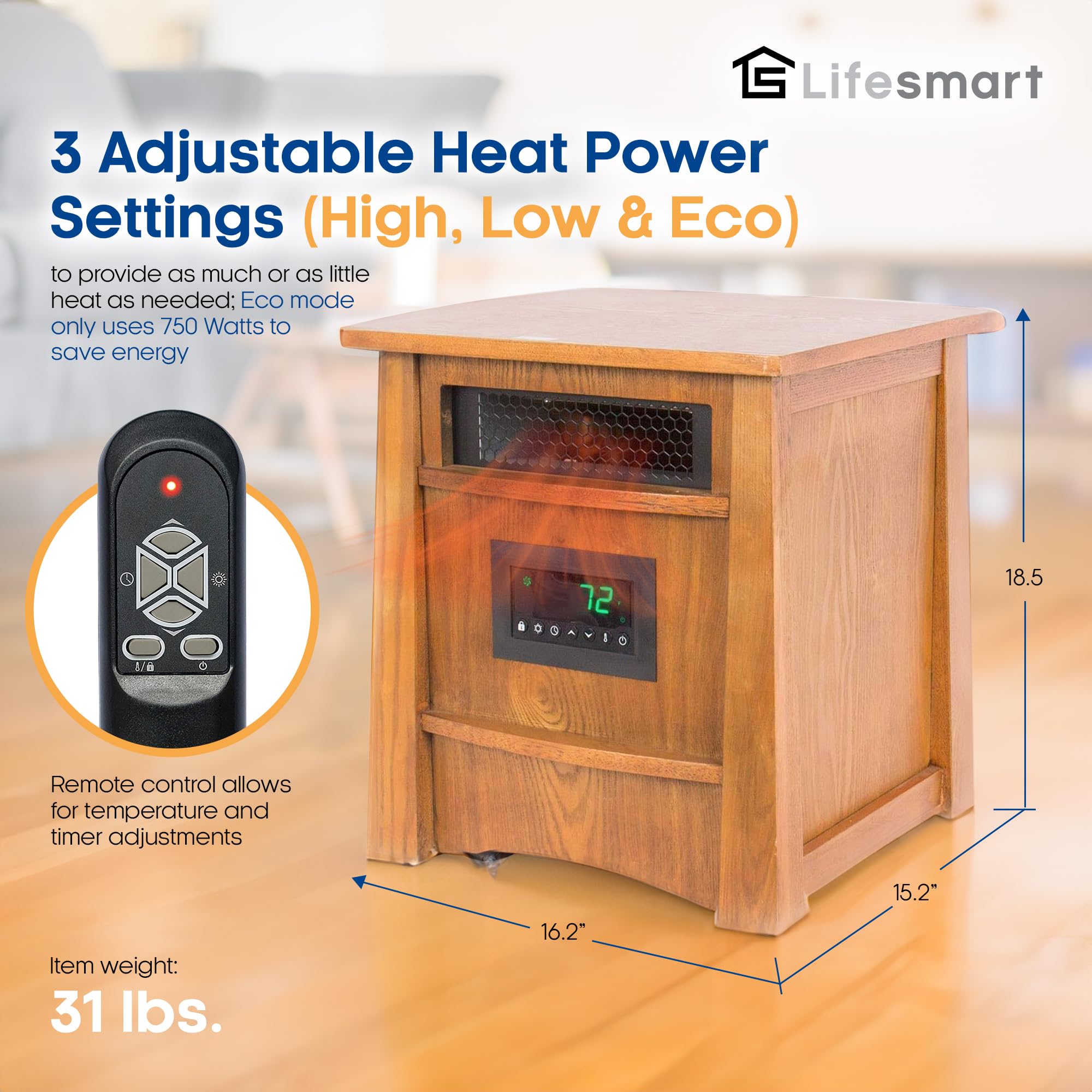 LifeSmart LifePro Ultimate 1500 Watts Electric Infrared Quartz Space Heater with Remote and 8 Heating Elements for Indoor Use, Brown Oak Wood