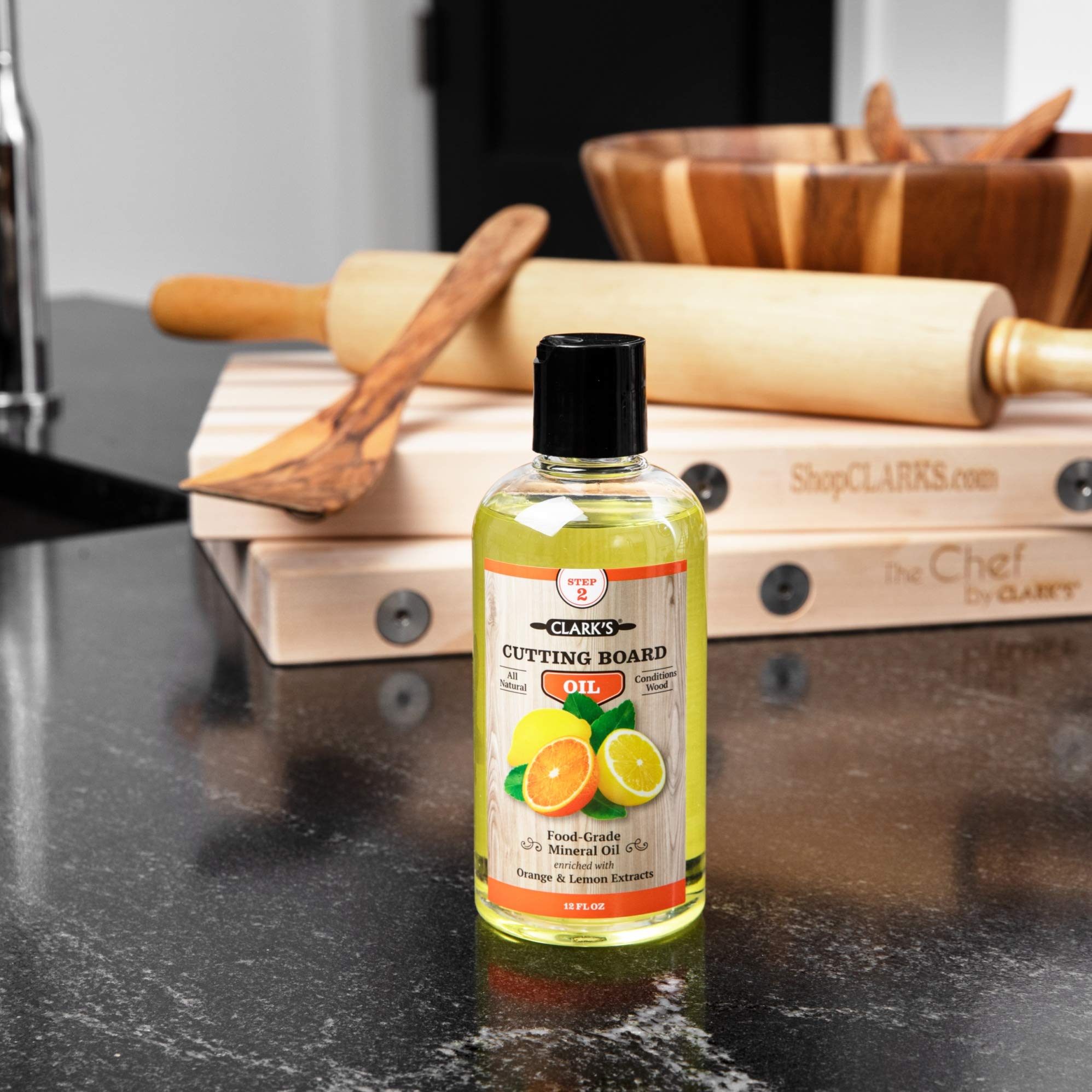 CLARK'S Cutting Board Oil - Food Grade Mineral Oil for Cutting Board - Enriched with Lemon and Orange Oils - Butcher Block Oil and Conditioner - Mineral Oil - Restores and Protects All Wood - 12oz