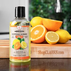 CLARK'S Cutting Board Oil - Food Grade Mineral Oil for Cutting Board - Enriched with Lemon and Orange Oils - Butcher Block Oil and Conditioner - Mineral Oil - Restores and Protects All Wood - 12oz