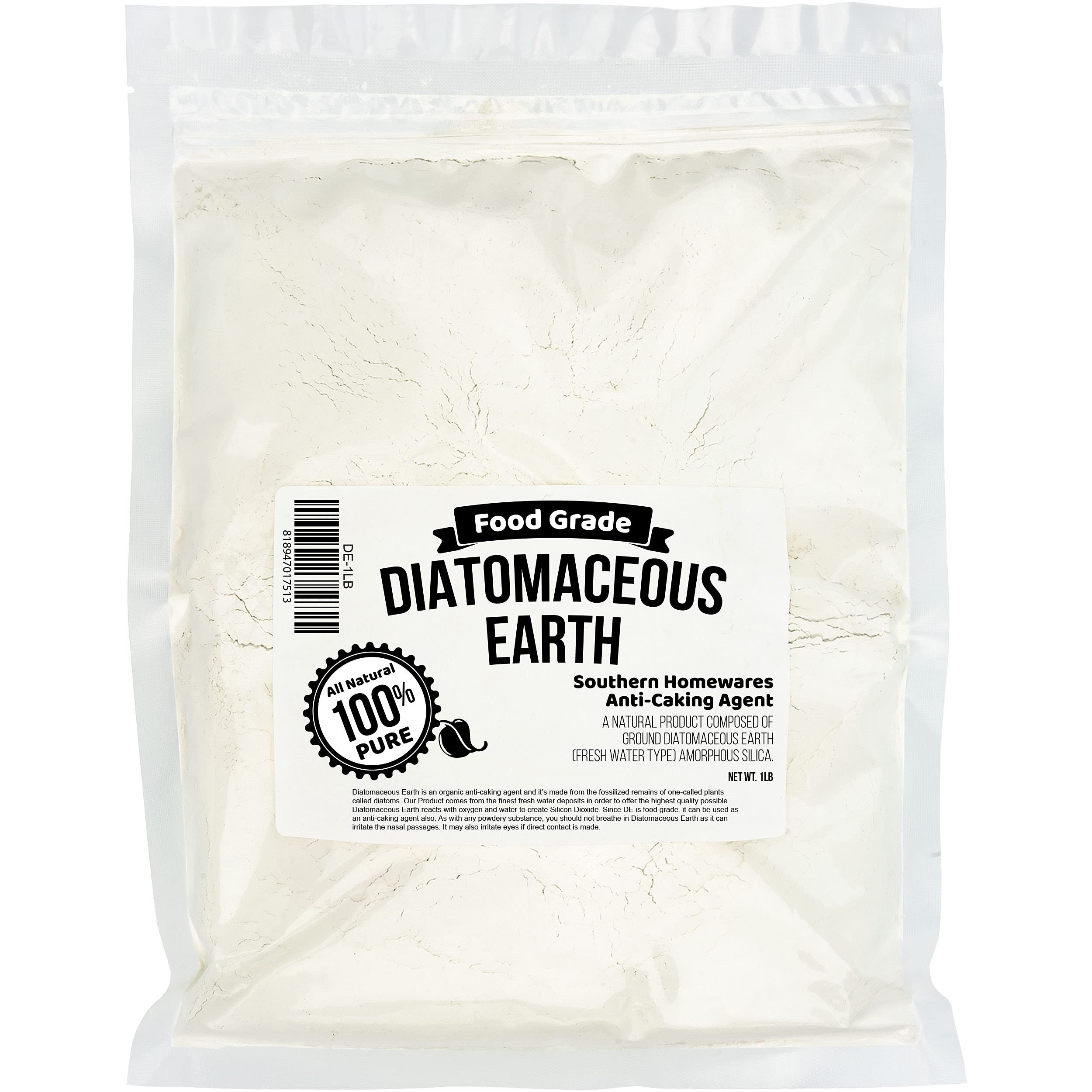 Southern Homewares Organic Food Grade Diatomaceous Earth 1lb - All-Natural, Safe Food Additive - Anticaking Agent - Reusable Zipper Bag - Versatile Diatomaceous Earth for Household, Lawn & Yard