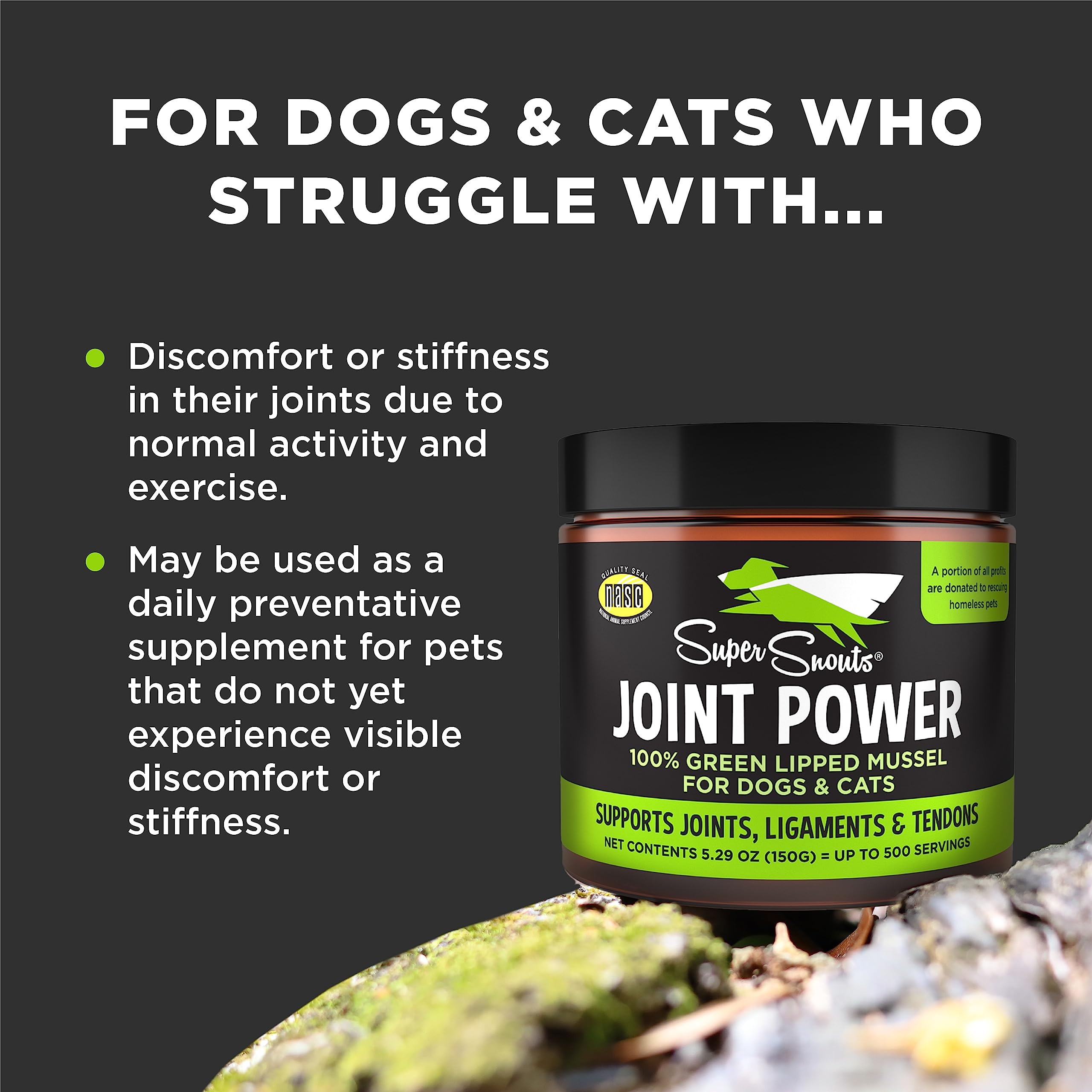 Super Snouts Joint Power 100% Green Lipped Mussels for Dogs & Cats - Dog Joint Supplement Powder Supports Joints, Tendons, Ligaments (2.64 oz)