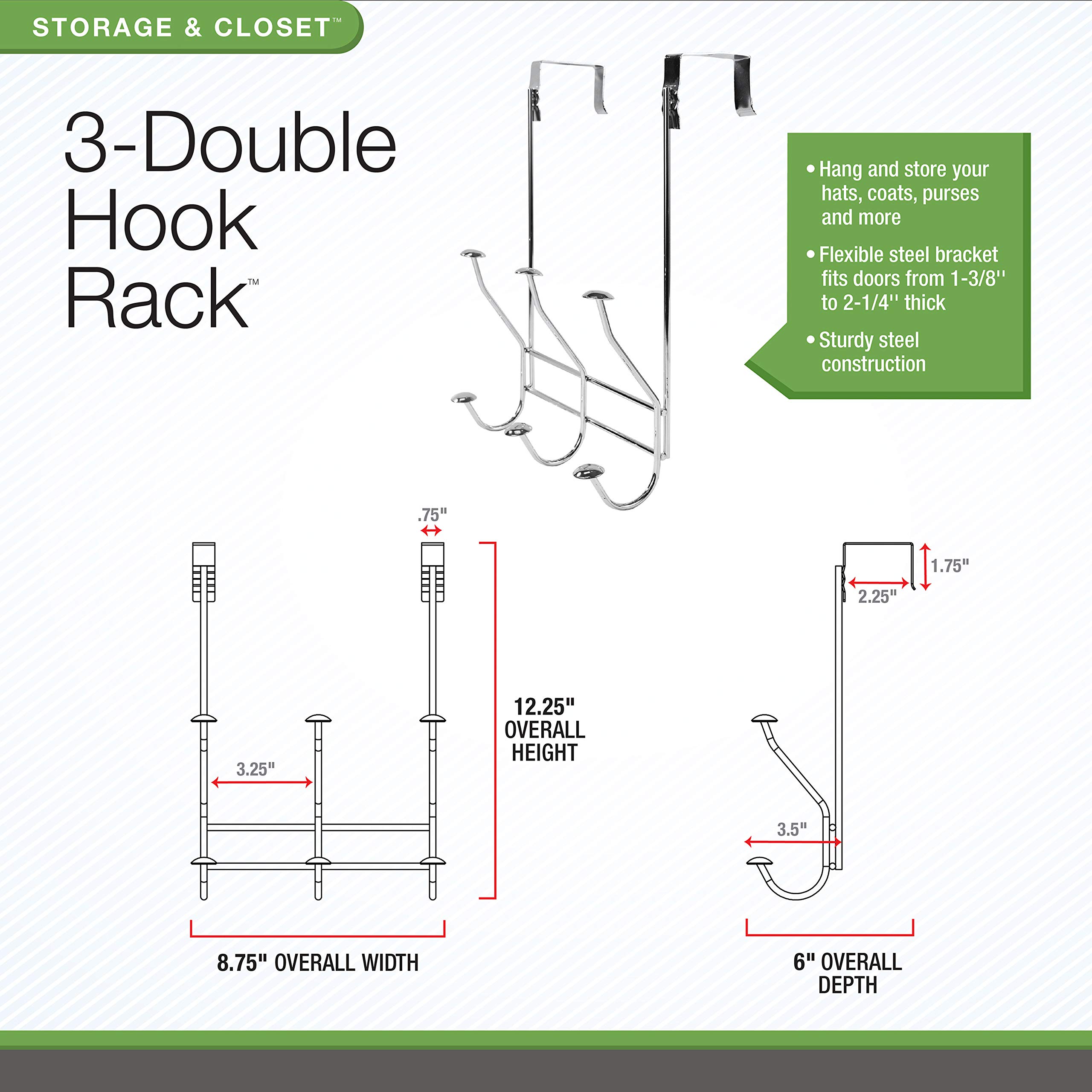 Spectrum Diversified Windsor Over The Door 3-Hook Rack, Satin Nickel