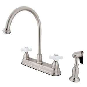 kingston brass kb3758pxbs restoration deck mount kitchen faucet with brass sprayer, 8-1/2", brass/antique brass