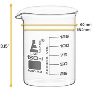 EISCO 12PK Beakers, 150mL - Low Form with Spout - White, 25mL Graduations - Borosilicate 3.3 Glass