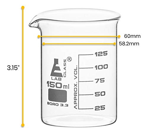 EISCO 12PK Beakers, 150mL - Low Form with Spout - White, 25mL Graduations - Borosilicate 3.3 Glass