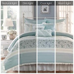 Madison Park Dawn 100% Cotton Duvet Set Floral Shabby Chic Design All Season Comforter Cover Bedding, Matching Shams, Percale Light Weight Bed Comforter Covers, Queen(90"x90"), Blue 9 Piece , Aqua