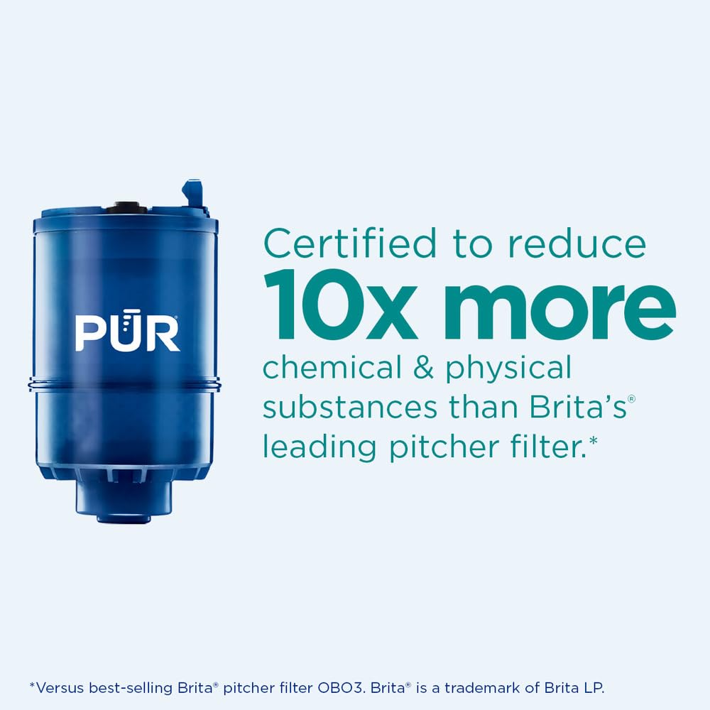 PUR PLUS Vertical Faucet Mount Water Filtration System with 3-in-1 Lead Reducing Filter for Great-Tasting Filtered Tap Water, Lasts 100 Gallons, Fits Most Kitchen or Bathroom Faucets, Stainless Steel