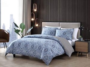 city scene duvet cover set reversible cotton bedding with matching shams, all season home decor, twin, milan blue