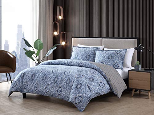 City Scene Duvet Cover Set Reversible Cotton Bedding with Matching Shams, All Season Home Decor, Twin, Milan Blue