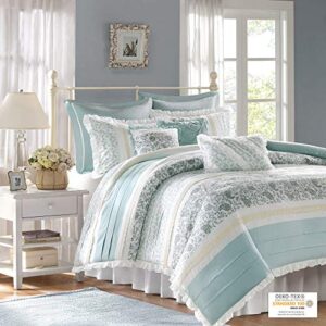 Madison Park Dawn 100% Cotton Duvet Set Floral Shabby Chic Design All Season Comforter Cover Bedding, Matching Shams, Percale Light Weight Bed Comforter Covers, Queen(90"x90"), Blue 9 Piece , Aqua