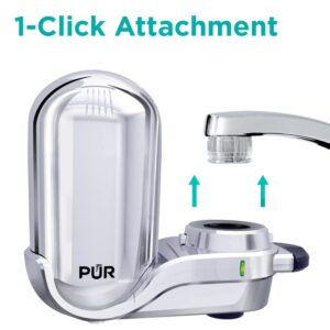 PUR PLUS Vertical Faucet Mount Water Filtration System with 3-in-1 Lead Reducing Filter for Great-Tasting Filtered Tap Water, Lasts 100 Gallons, Fits Most Kitchen or Bathroom Faucets, Stainless Steel