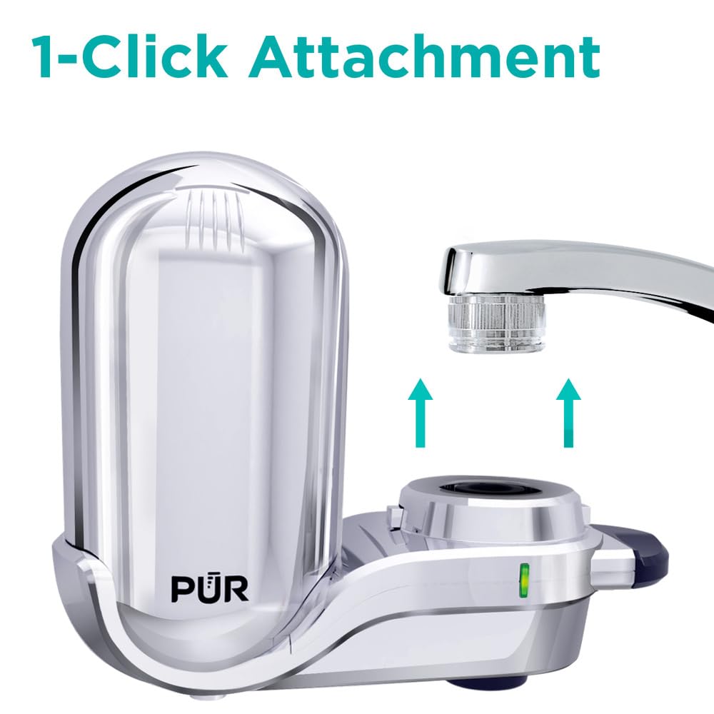 PUR PLUS Vertical Faucet Mount Water Filtration System with 3-in-1 Lead Reducing Filter for Great-Tasting Filtered Tap Water, Lasts 100 Gallons, Fits Most Kitchen or Bathroom Faucets, Stainless Steel