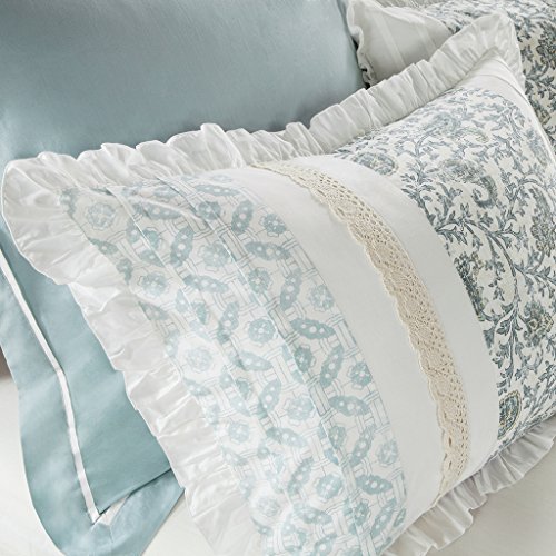 Madison Park Dawn 100% Cotton Duvet Set Floral Shabby Chic Design All Season Comforter Cover Bedding, Matching Shams, Percale Light Weight Bed Comforter Covers, Queen(90"x90"), Blue 9 Piece , Aqua