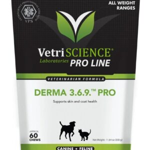 VetriScience Derma 3.6.9 Pro - Dog & Cat Skin Barrier Support Supplement - Aids Skin Hydration & Health - Supports Healthy Shedding for Cats & Dogs - Supplement Supports Healthy Coat - 60 Chews