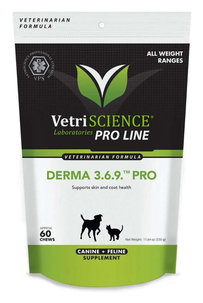 VetriScience Derma 3.6.9 Pro - Dog & Cat Skin Barrier Support Supplement - Aids Skin Hydration & Health - Supports Healthy Shedding for Cats & Dogs - Supplement Supports Healthy Coat - 60 Chews