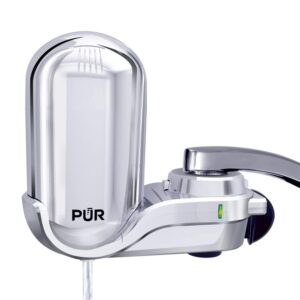 pur plus vertical faucet mount water filtration system with 3-in-1 lead reducing filter for great-tasting filtered tap water, lasts 100 gallons, fits most kitchen or bathroom faucets, stainless steel