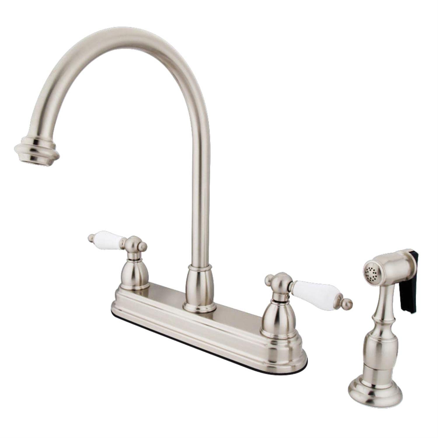 Kingston Brass KB3758PLBS Restoration Deck Mount Kitchen Faucet with Brass Sprayer, 8-1/2-Inch, Brushed Nickel