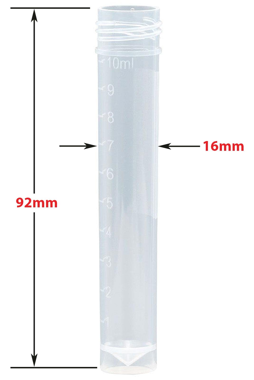 Globe Scientific 6102S Polypropylene Molded Graduations Conical Bottom Self Standing Transport Tubes with Attached White Polyethylene Screw Cap, Sterile, 10ml Capacity, Pack of 500