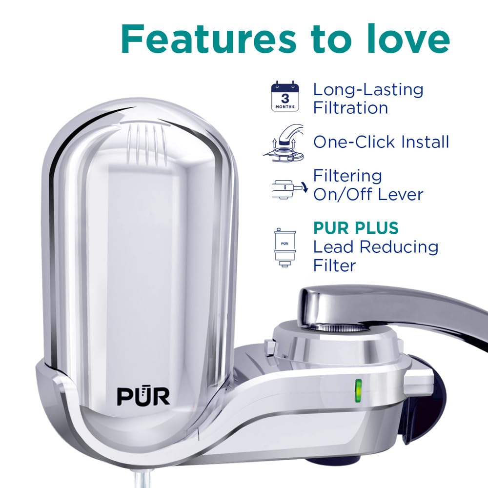 PUR PLUS Vertical Faucet Mount Water Filtration System with 3-in-1 Lead Reducing Filter for Great-Tasting Filtered Tap Water, Lasts 100 Gallons, Fits Most Kitchen or Bathroom Faucets, Stainless Steel