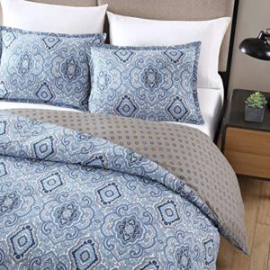 City Scene Duvet Cover Set Reversible Cotton Bedding with Matching Shams, All Season Home Decor, Twin, Milan Blue